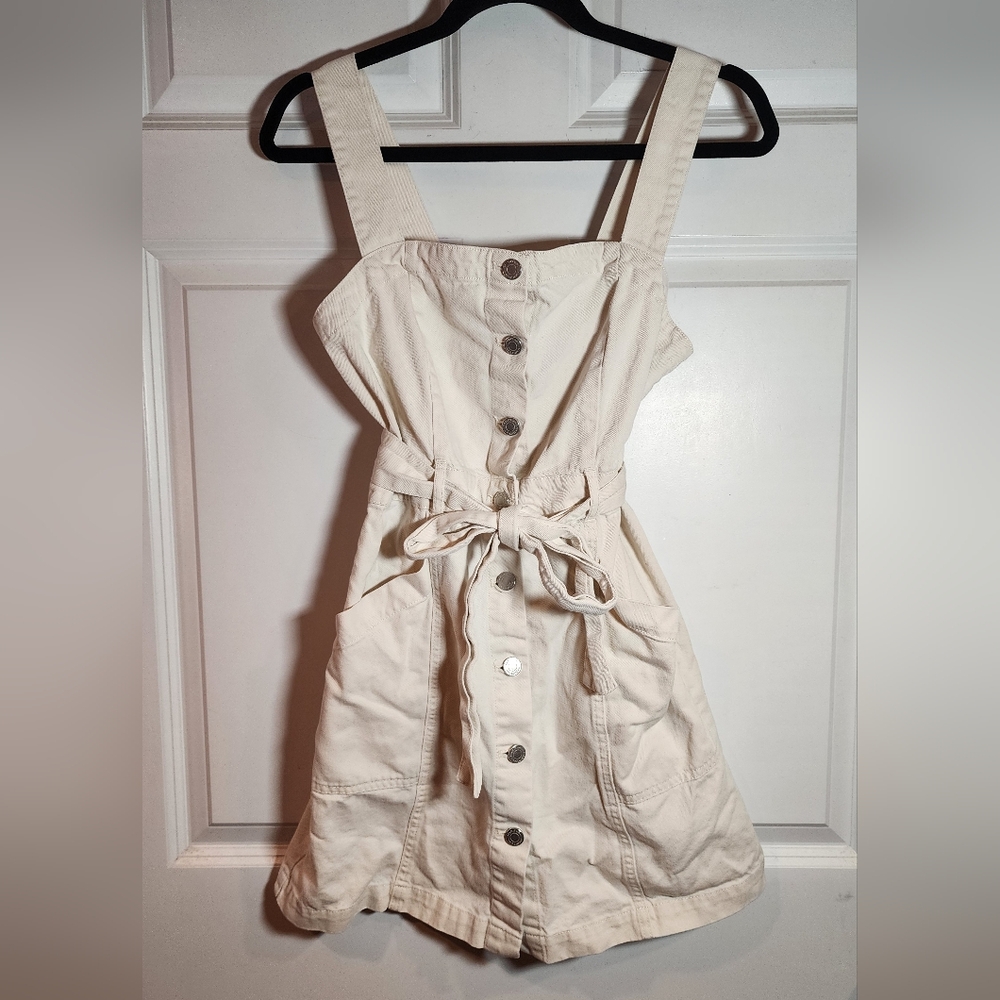 Habitual Beige Safari Button Front Belted Denim Sleeveless Mini Dress S